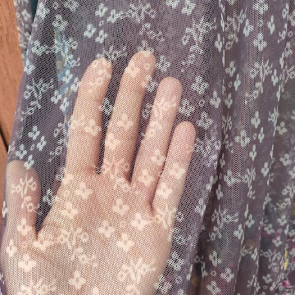 BIYA JOHNNY WAS | Sheer Mesh Floral Embroidered Balloon Sleeve Brown Dress S - Picture 10 of 16